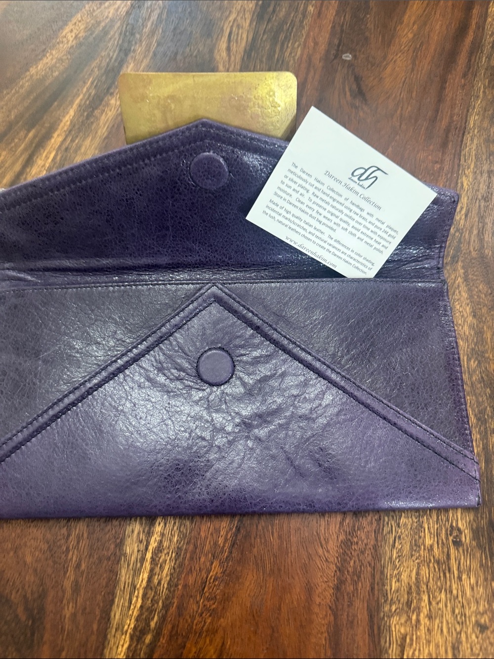Darren Hakim Purple Leather Envelope Clutch with Gold Accent - Picture 4 of 7